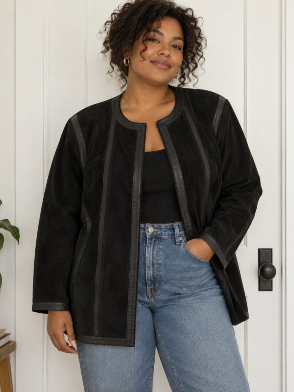 Vintage Black Suede Leather Jacket Womens Plus Size 1X Collarless ✨